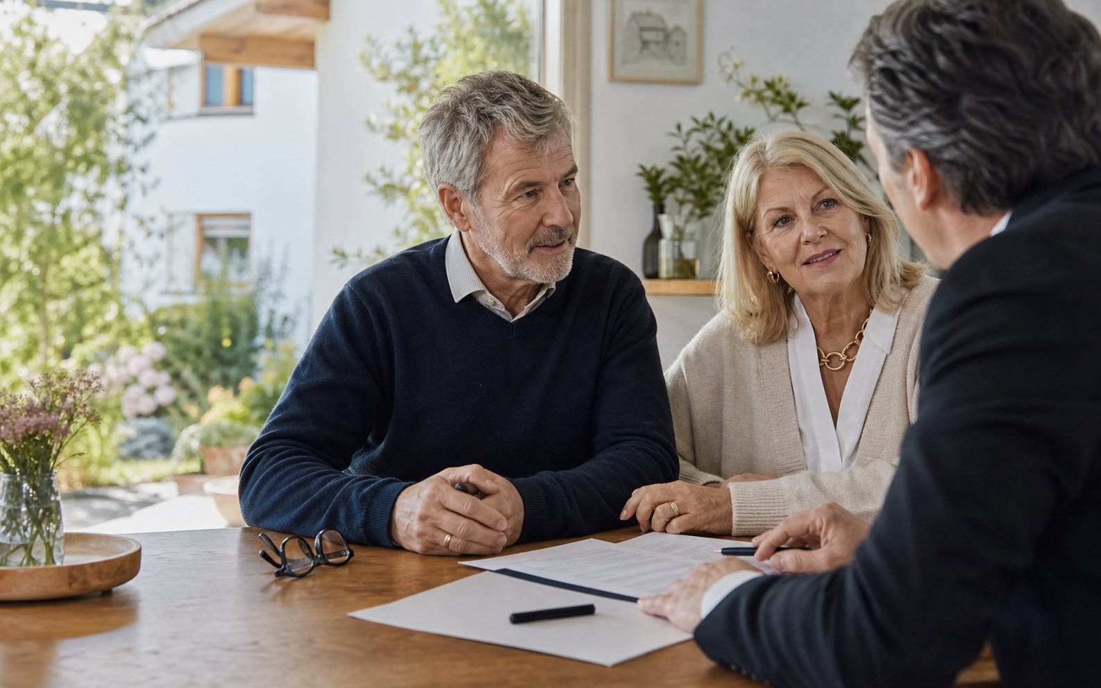 Ältere Eigentümer besprechen in einem hellen Zuhause eine mögliche Rückmiete mit einem Immobilienberater.